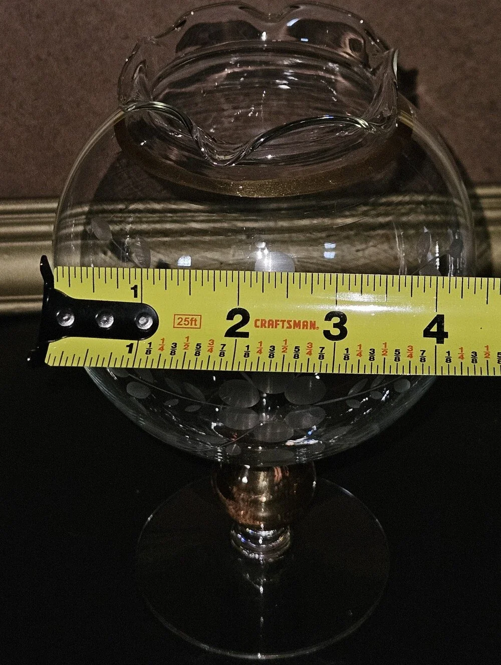 Vintage Glass Rose Bowl Pedestal Vase with Etched Berries and Gold Accents